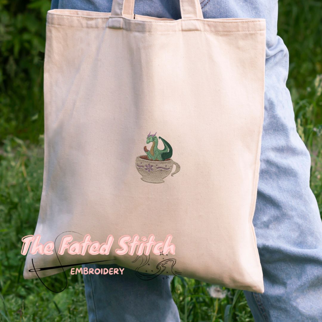 Whimsical Tea & Croissant Dragon - Natural Cotton Tote Bag