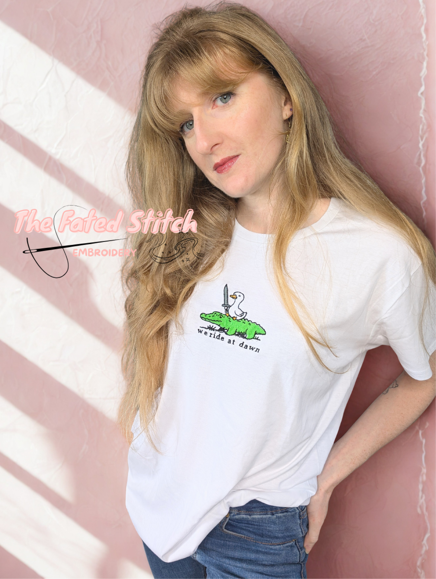 "we ride at dawn" - Cute goose and crocodile fantasy top - Female