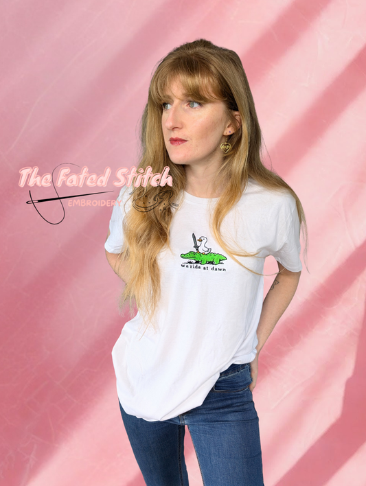"we ride at dawn" - Cute goose and crocodile fantasy top - Female