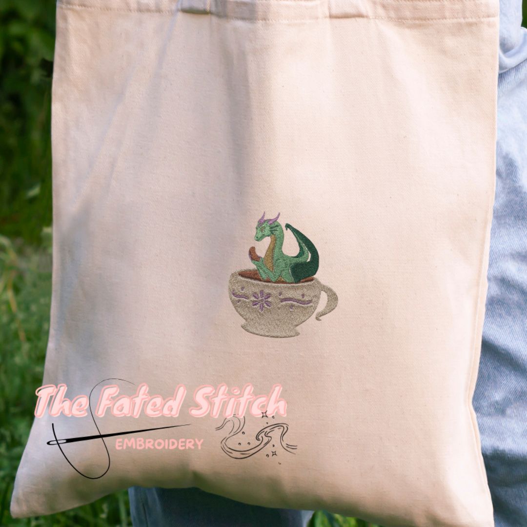 Whimsical Tea & Croissant Dragon - Natural Cotton Tote Bag
